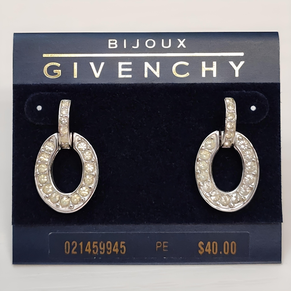 Vintage Bijoux GIVENCHY Silver tone Open Circle Pave Drop Earrings POST BACK NOS